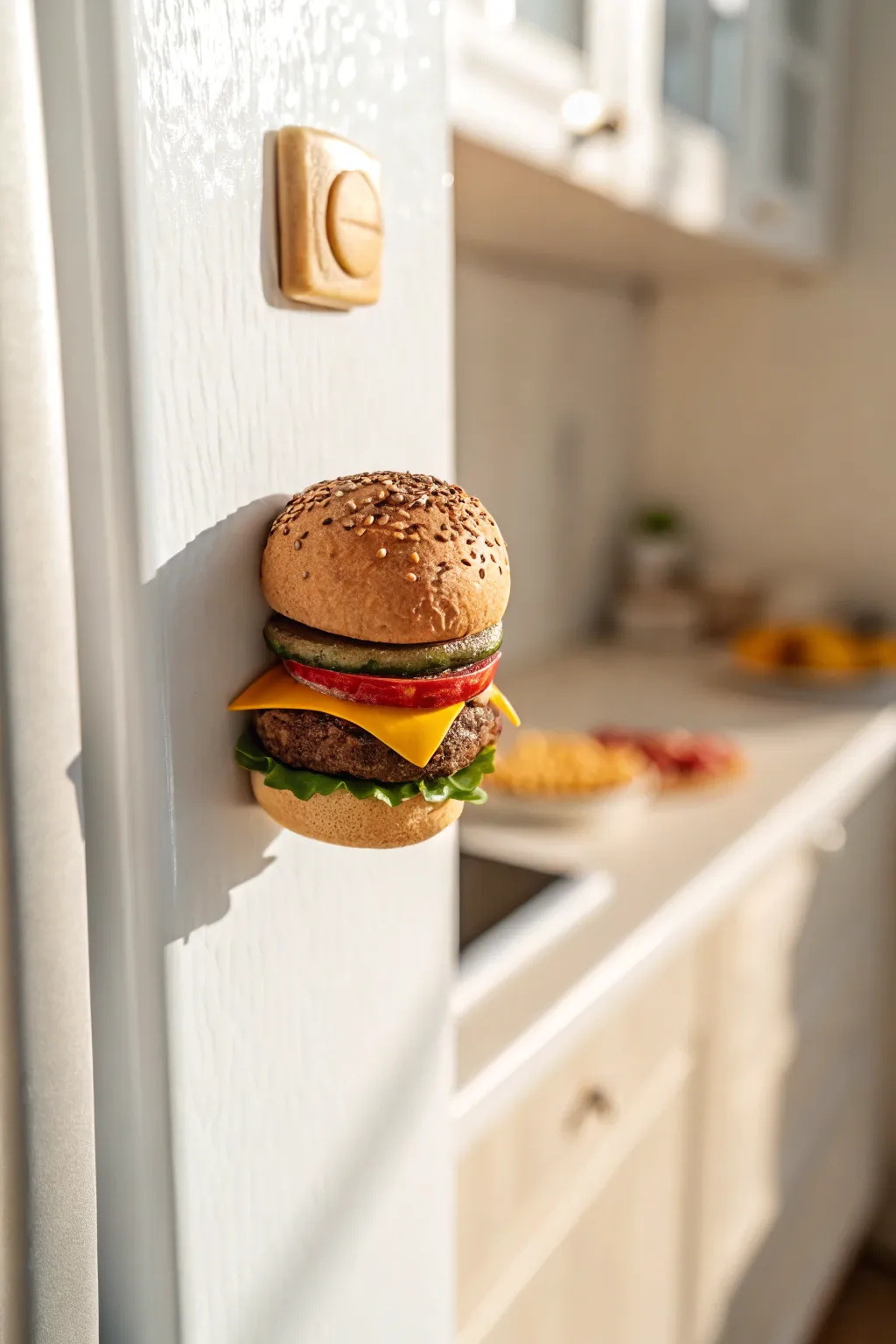 Tiny polymer clay burger magnet with sesame bun stippling, crisp layers, minimalist fridge styling
