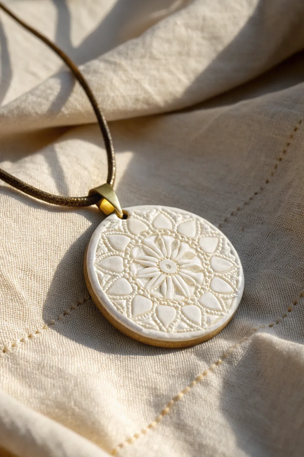 Textured polymer clay medallion pendant with lace-like pattern for minimalist boho style.