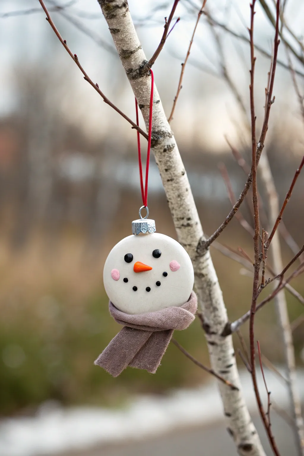 Minimal snowman face ornament in polymer clay, hanging with red twine on a winter branch.