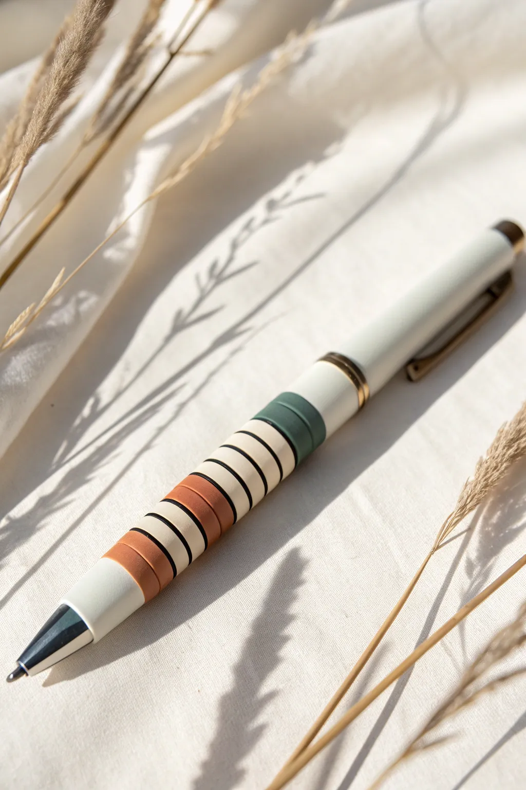 Minimal color-block polymer clay pen with clean stacked bands in calm Scandinavian tones