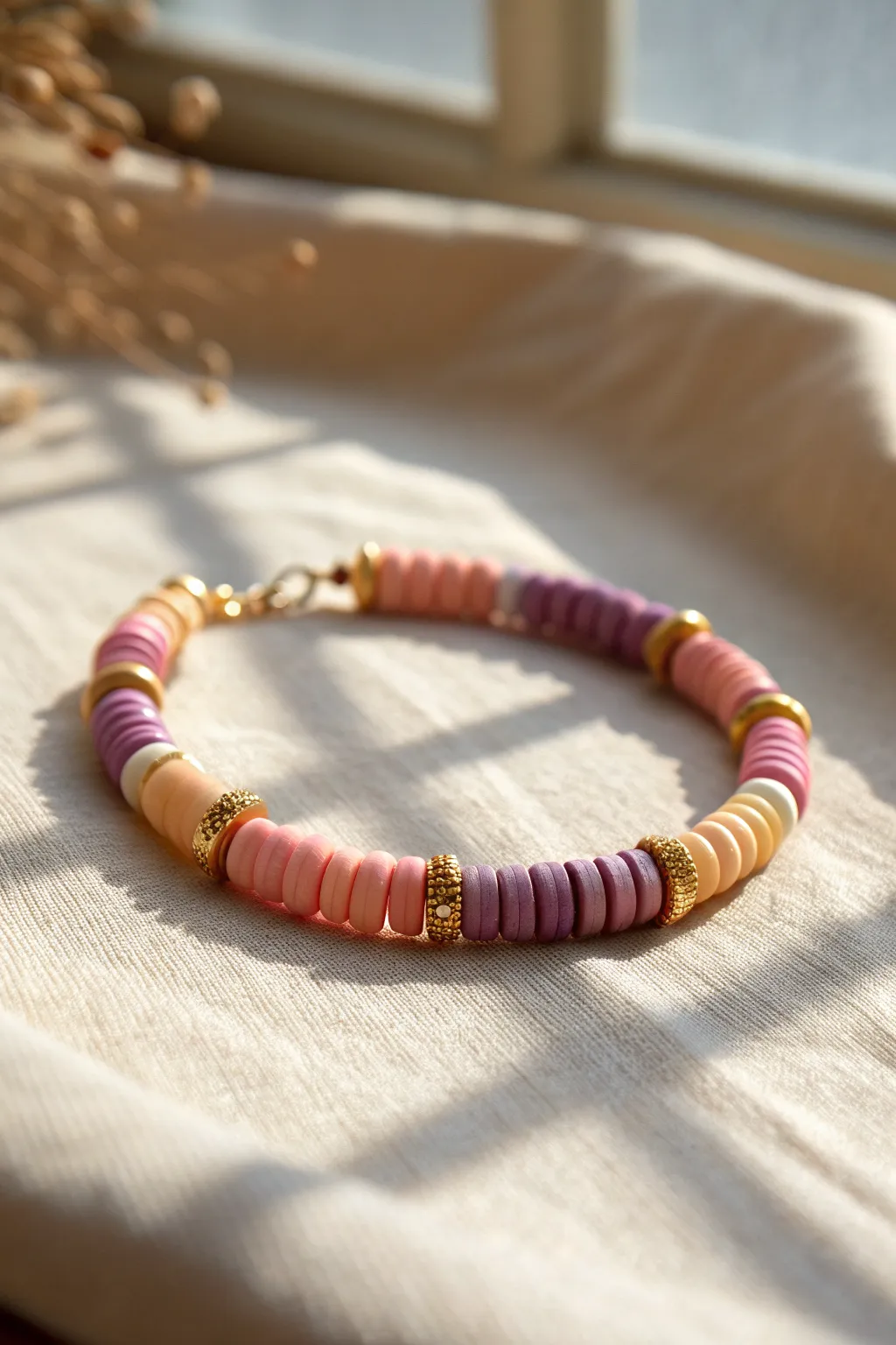 Sunset ombre heishi bead bracelet in warm-to-cool hues, styled on neutral linen.