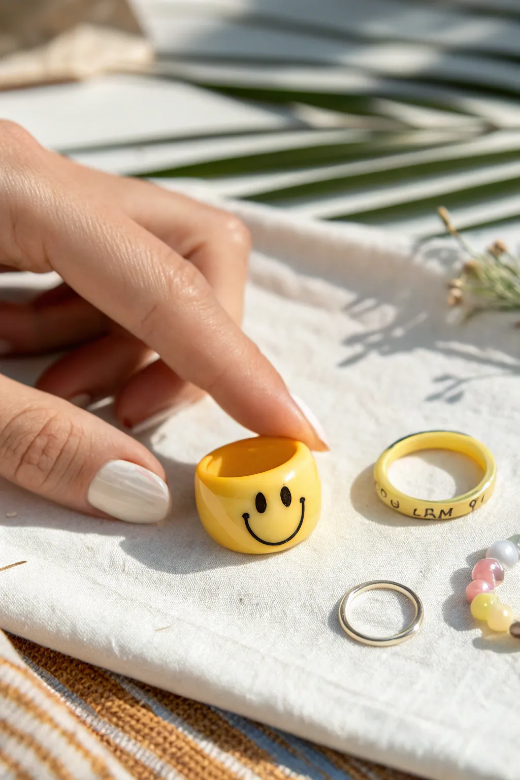 Bright polymer clay smiley ring with a simple doodle, styled in soft Scandinavian boho tones.