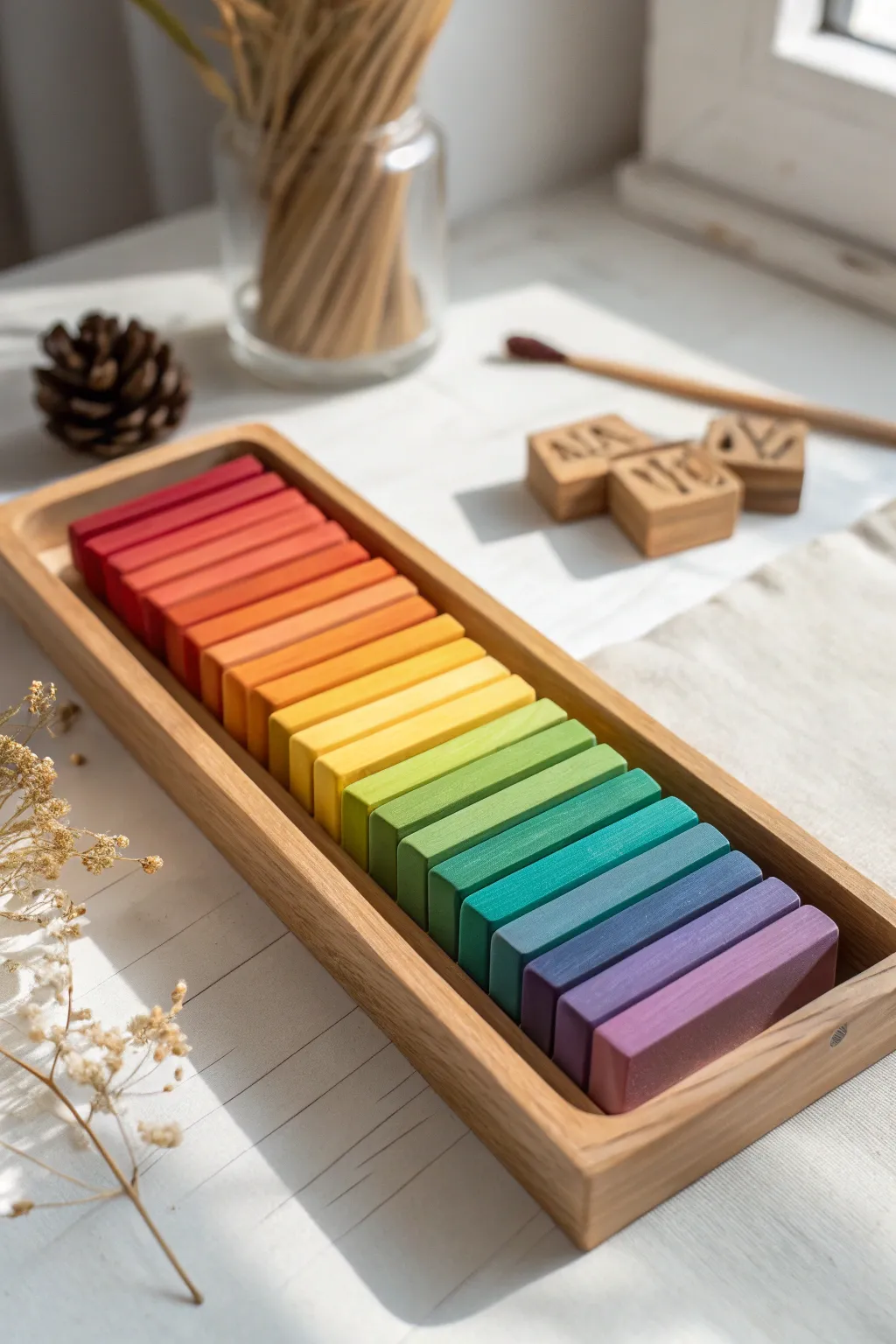 Rainbow brick filing in a shallow tray keeps polymer clay blocks neat, visible, and inspiring.