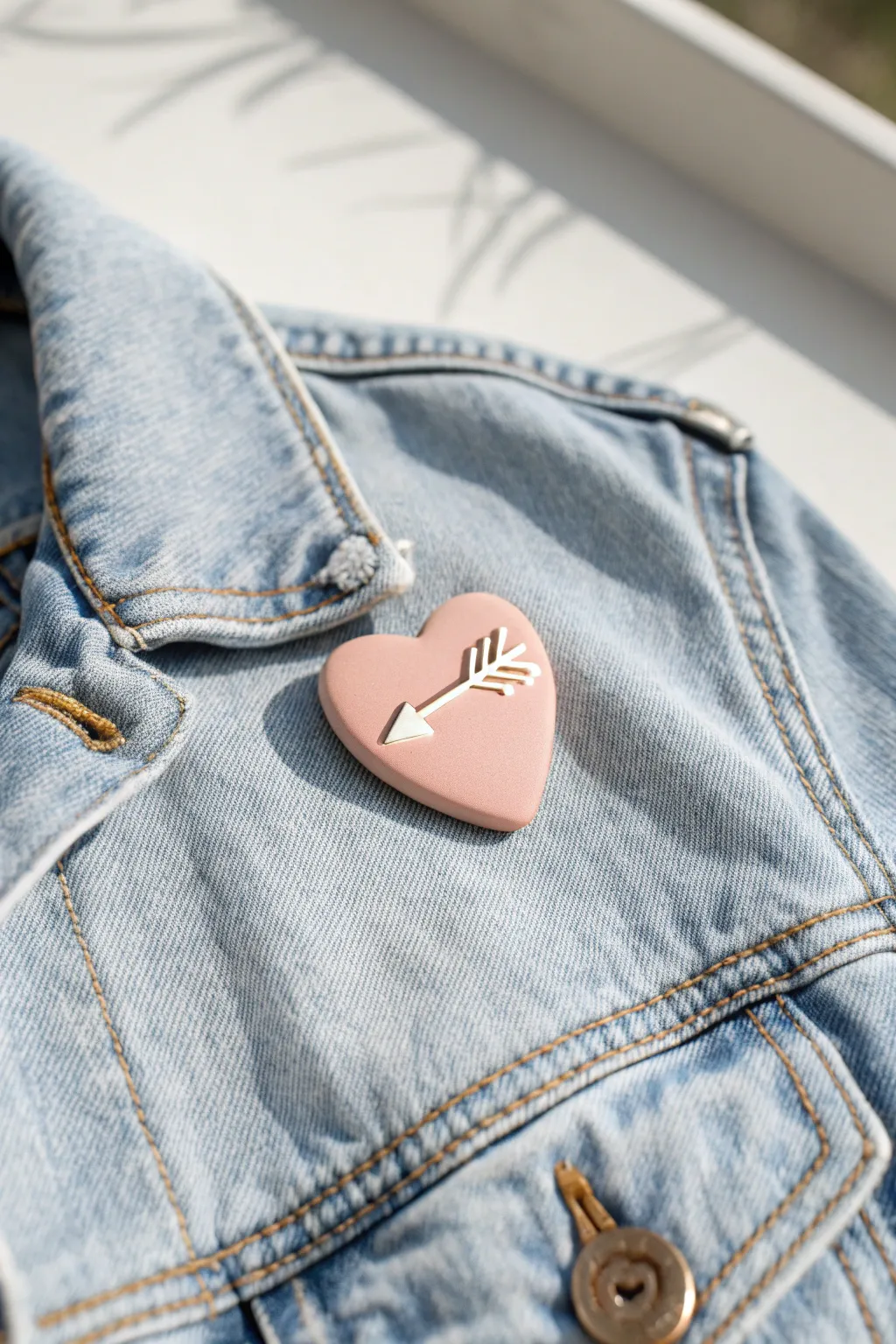 Sweet minimalist polymer clay heart pin with a tiny cupid arrow, perfect for Valentines outfits.