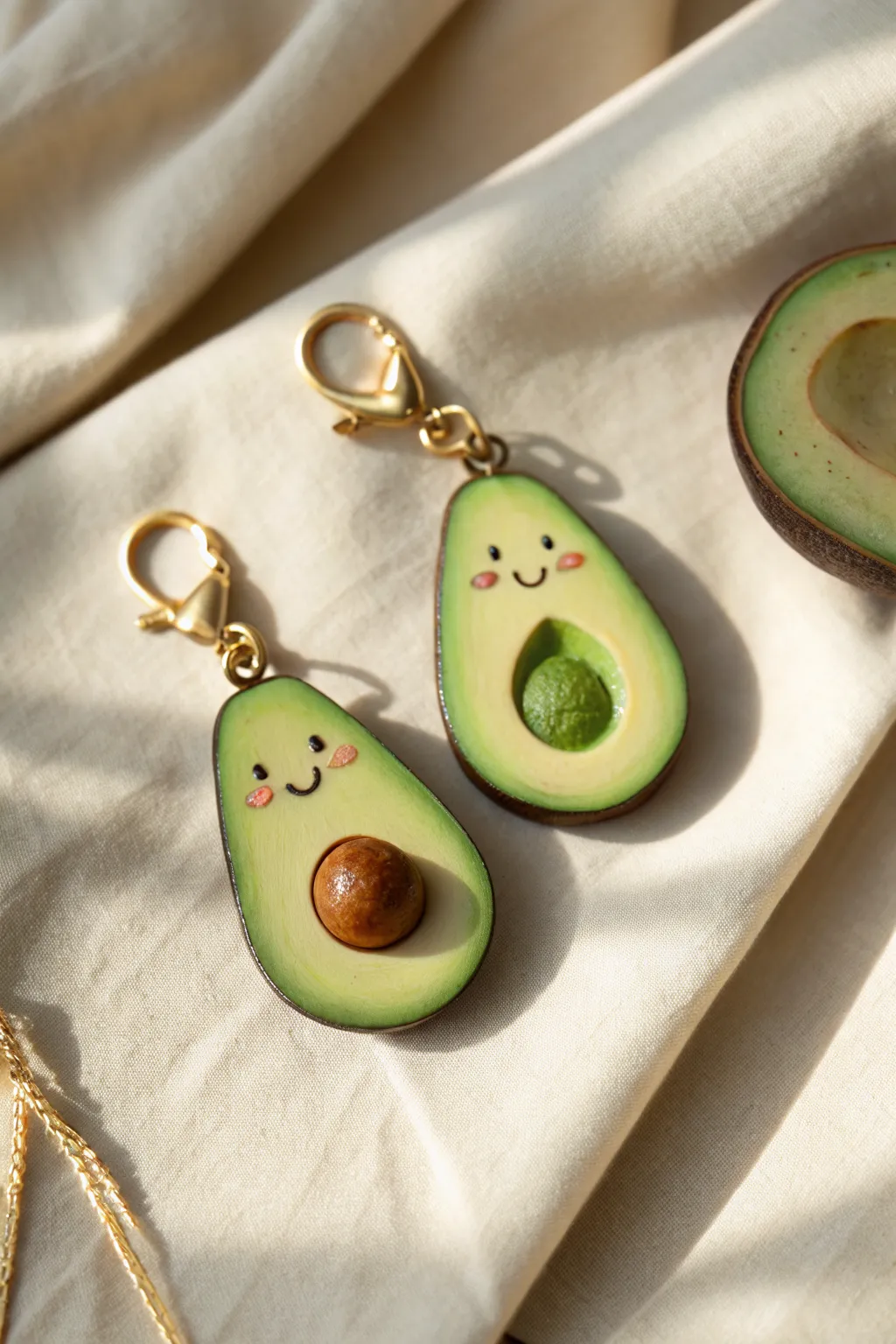 Sweet polymer clay avocado BFF charms, neatly paired with tiny smiles and cozy minimalist vibes