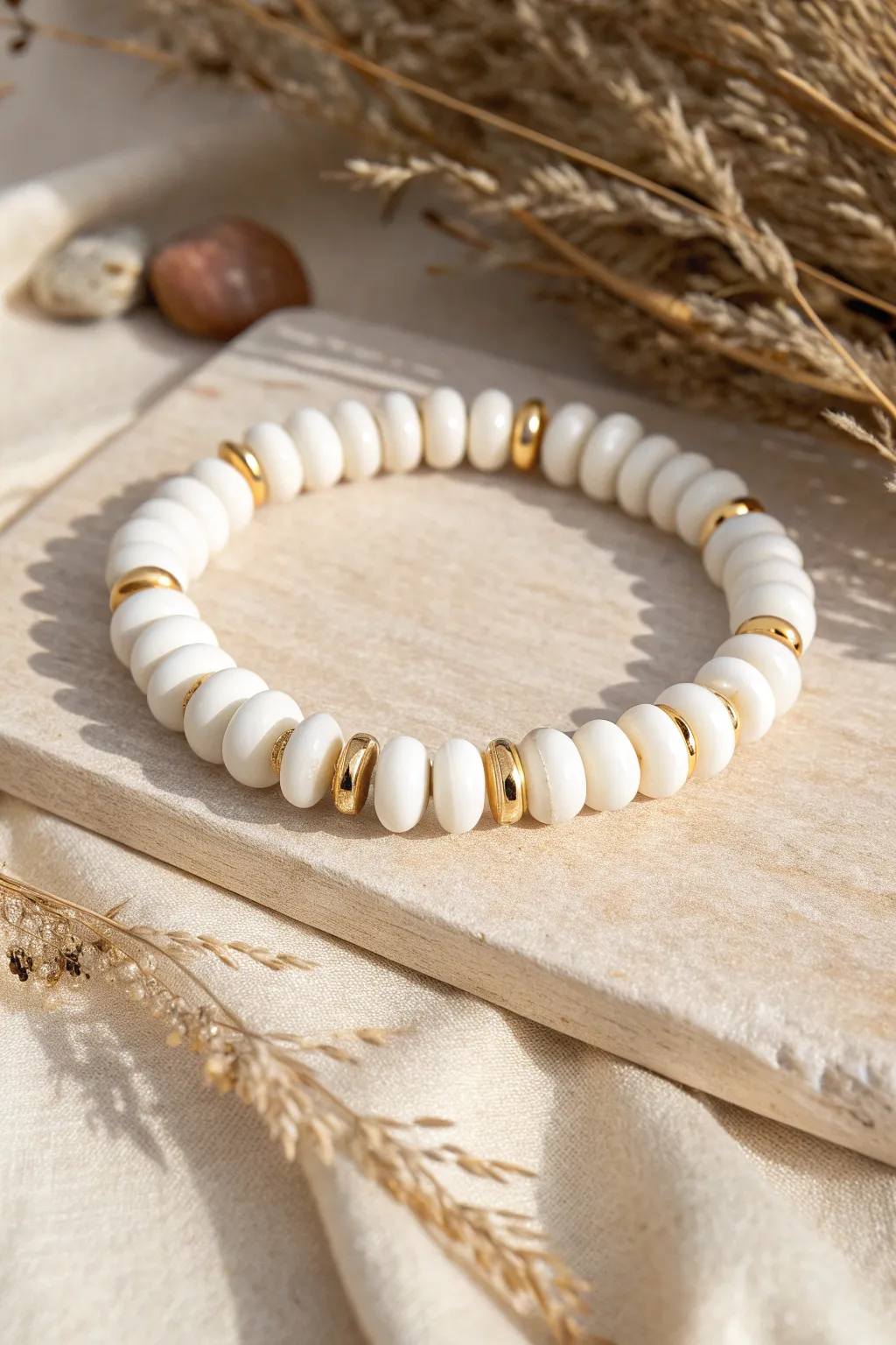 All-white clay beads with shiny gold spacers for a minimalist bracelet with soft boho elegance.
