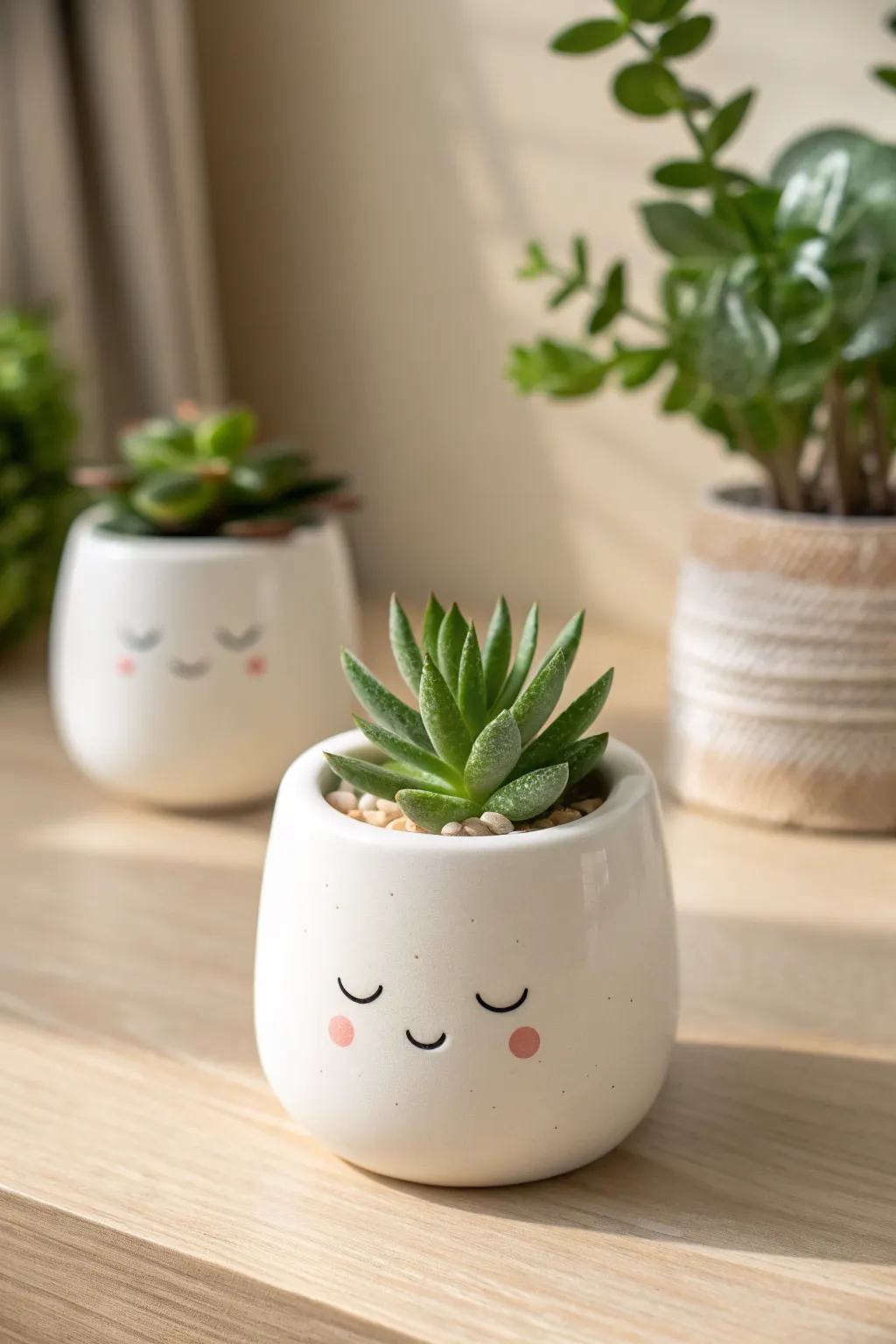 Sweet porcelain mini planter with a tiny succulent and a shy smile, perfect for a calm desk corner