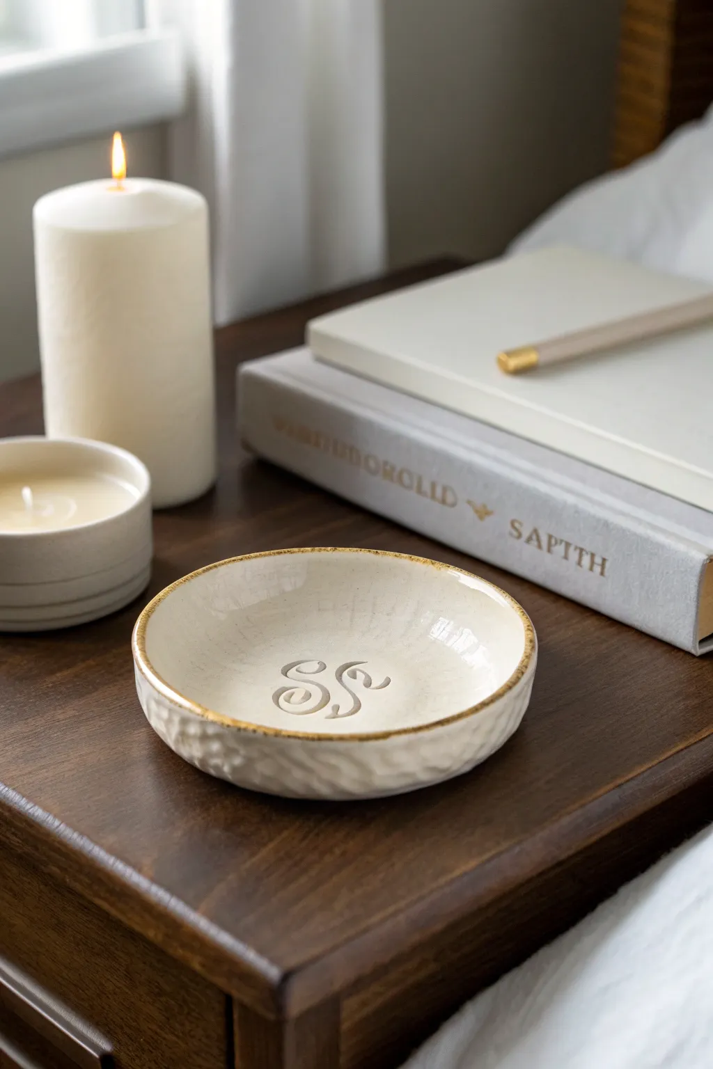 Simple porcelain ring dish with subtle monogram and gold accent, a heartfelt gift idea.