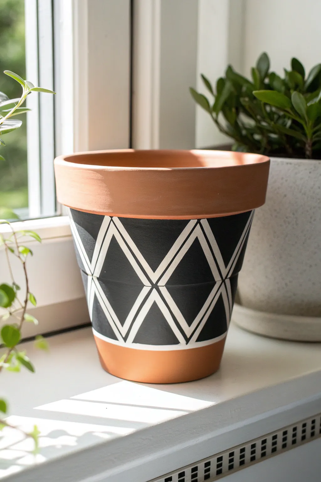 Modern tape-painted geometric lines on a minimalist pot for a clean Scandinavian look