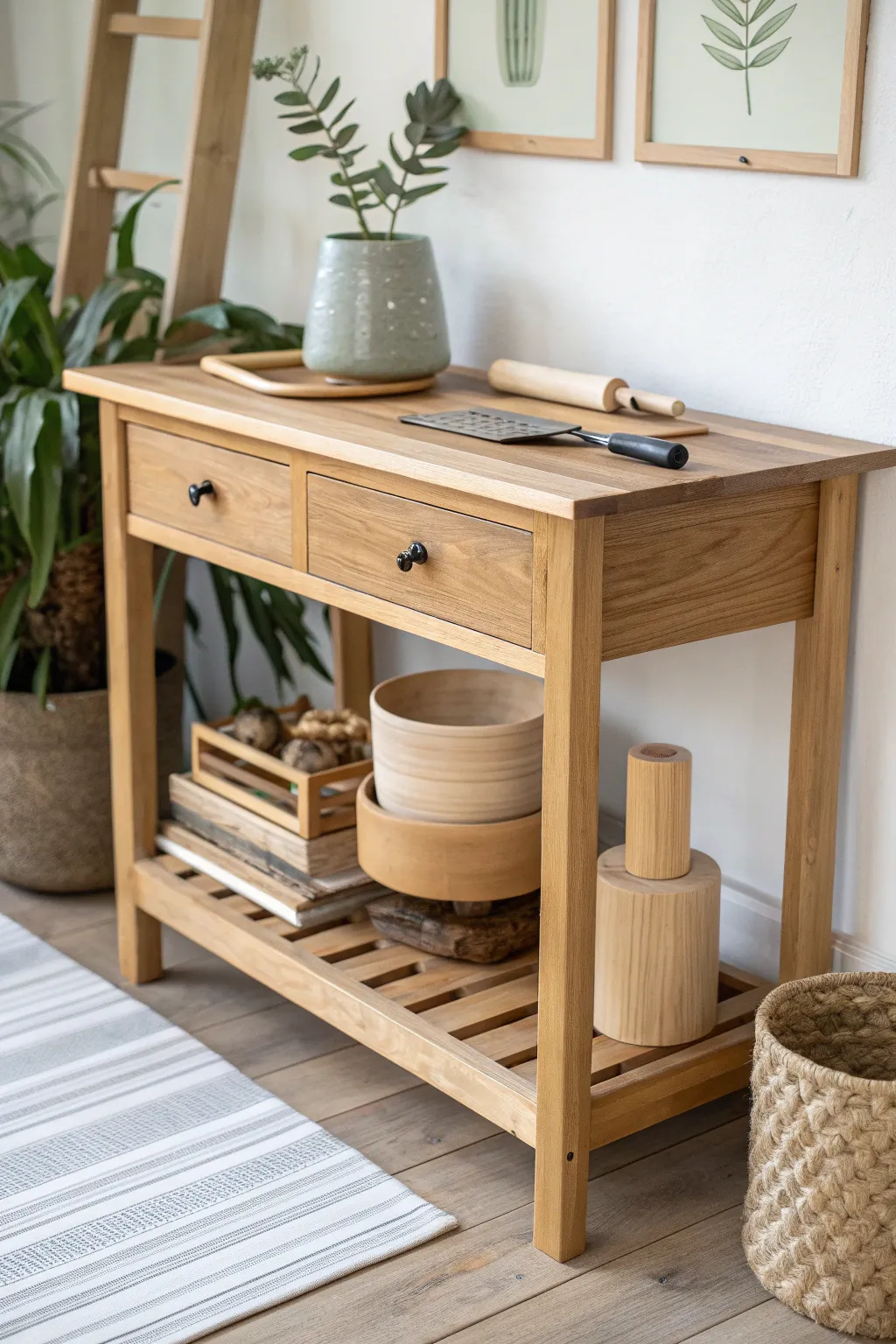 Pull-out bat storage adds a clean, grab-and-go system to a minimalist potters bench.