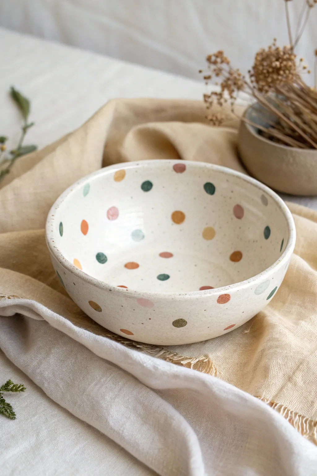 Playful polka dot confetti bowl in soft earthy tones, a minimalist boho pop for your table