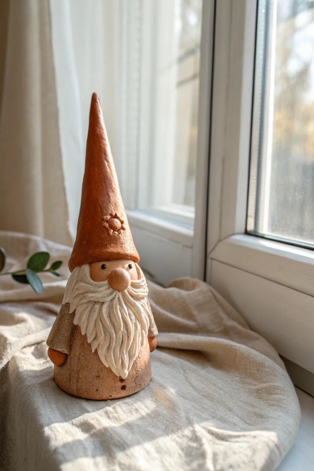 Storybook coil-beard gnome in warm earthy glaze, minimalist Scandinavian styling with boho warmth