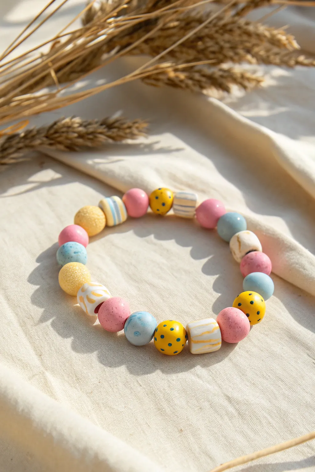Chunky colorful clay bead bracelet in playful shapes, styled simply on warm linen.