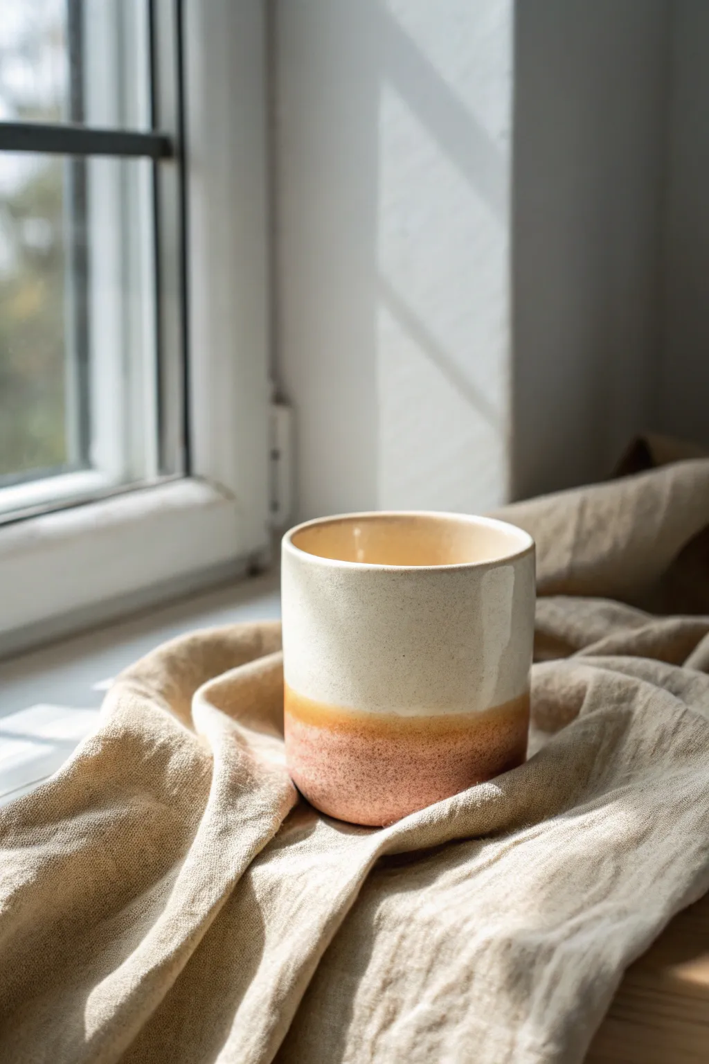 Soft ombre ceramic cup in creamy white to terracotta, minimal styling for a calm boho feel.