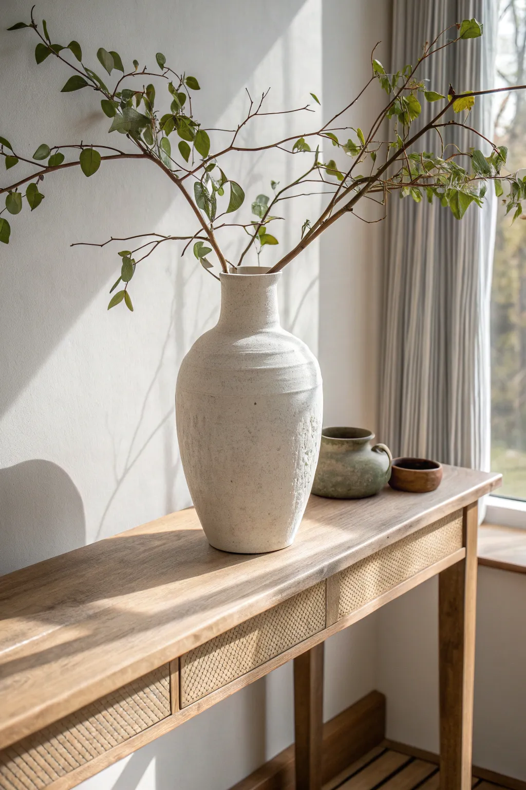 One handmade hero vase with airy branches makes a calm, elevated statement on a clear table.