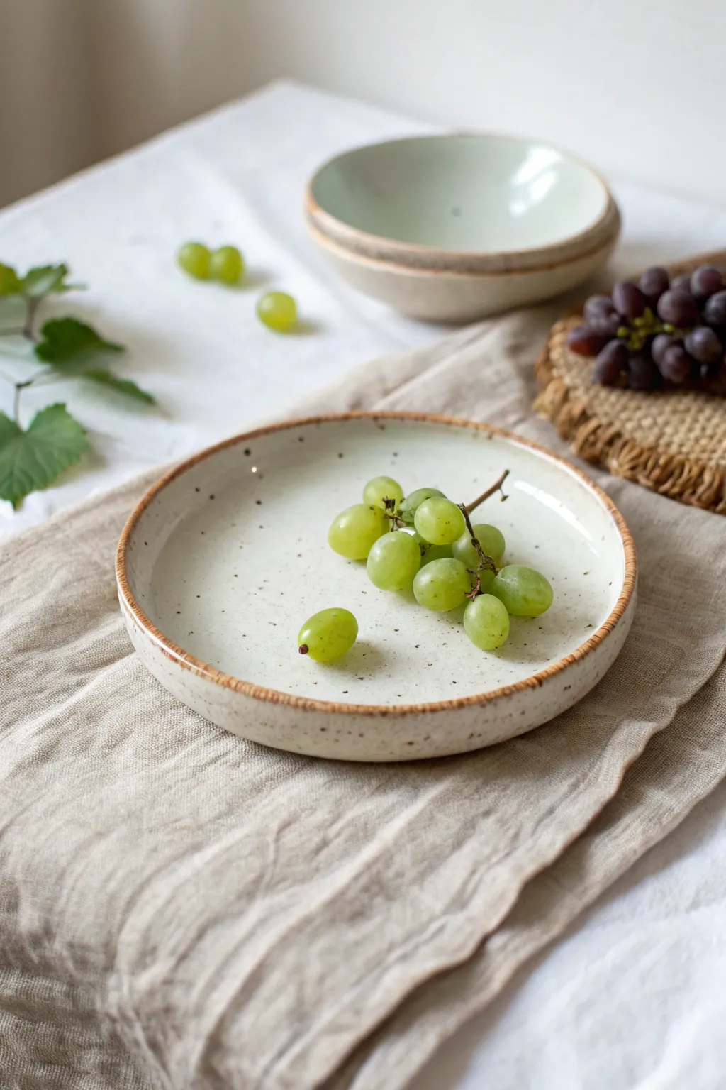 Easy slab snack plate with a soft rim, minimal glaze, and a few grapes for simple scale