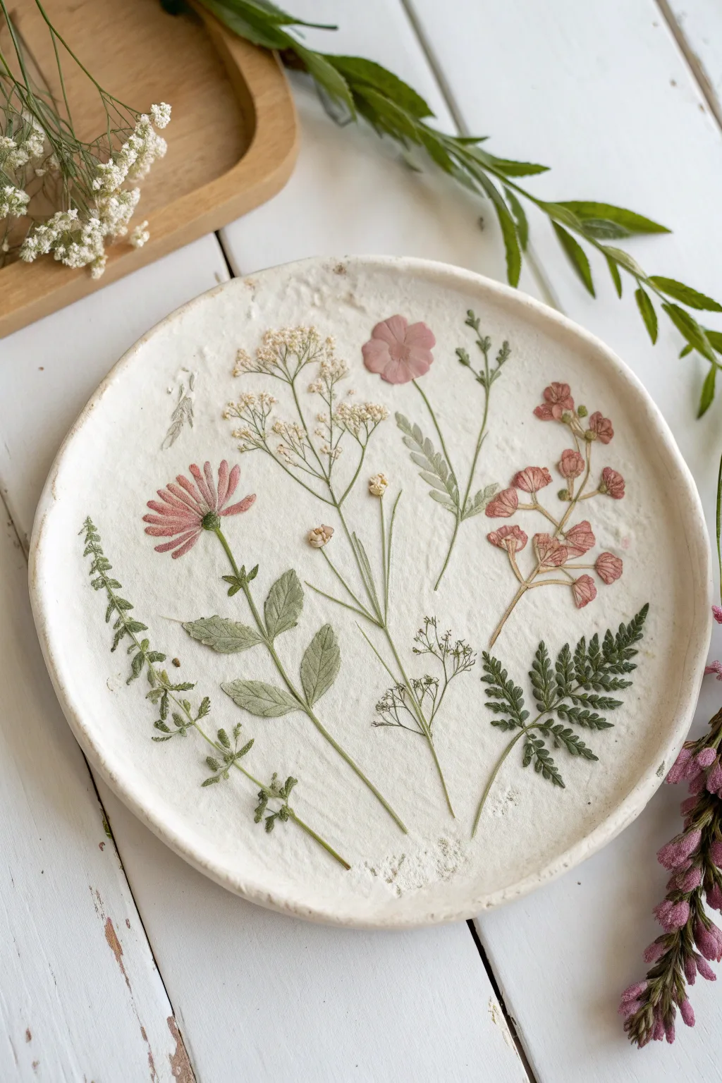 Pressed flower and herb print plate with soft watercolor washes, a sweet kid friendly garden keepsake