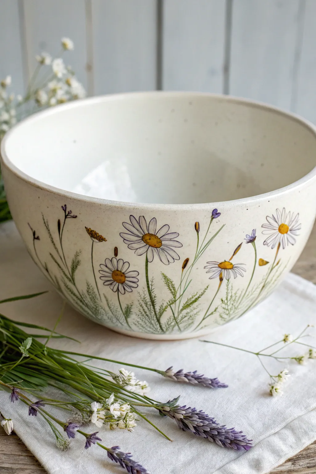 A simple wildflower band makes this minimal bowl feel like a tiny meadow in bloom.