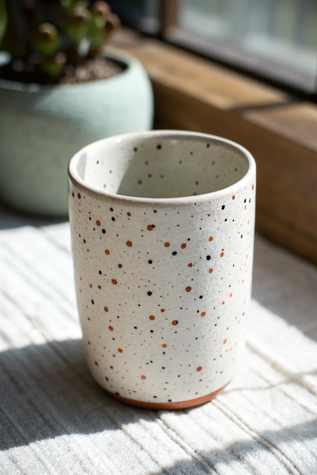 Matte tumbler with modern speckled confetti dots, dense at the base and softly fading upward.