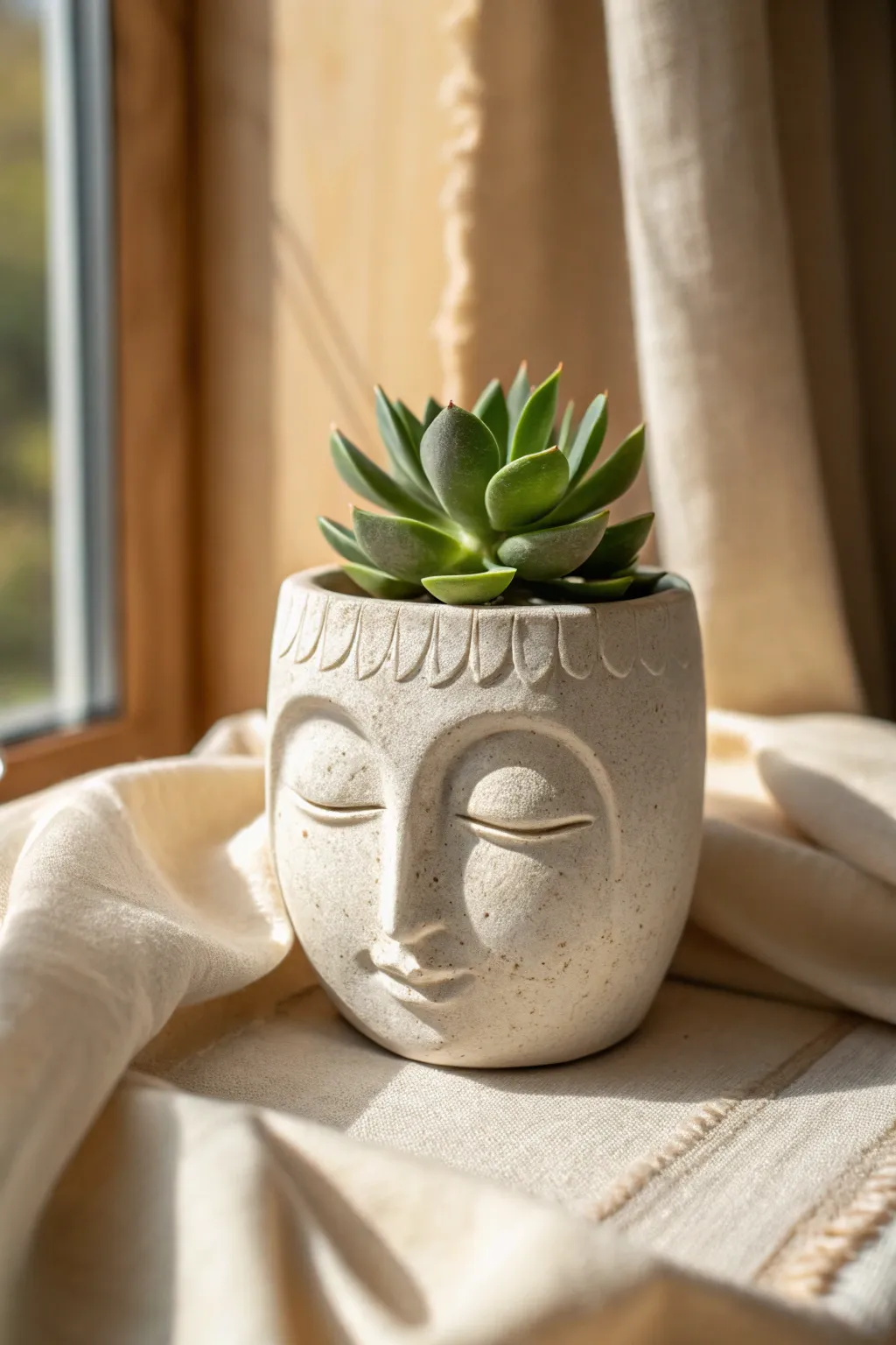 Minimal face planter with succulent hair, a simple sculptural pottery idea for modern cozy decor.