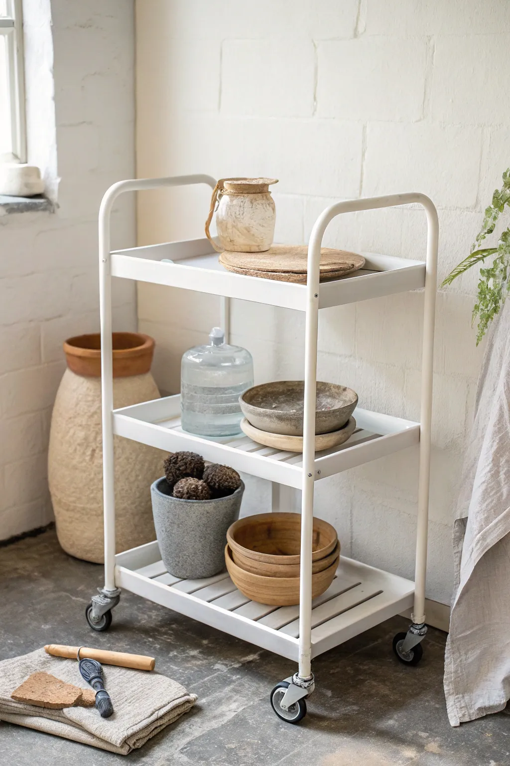 A clean rolling cart keeps water, sponge, tools, and towel within reach at the wheel.
