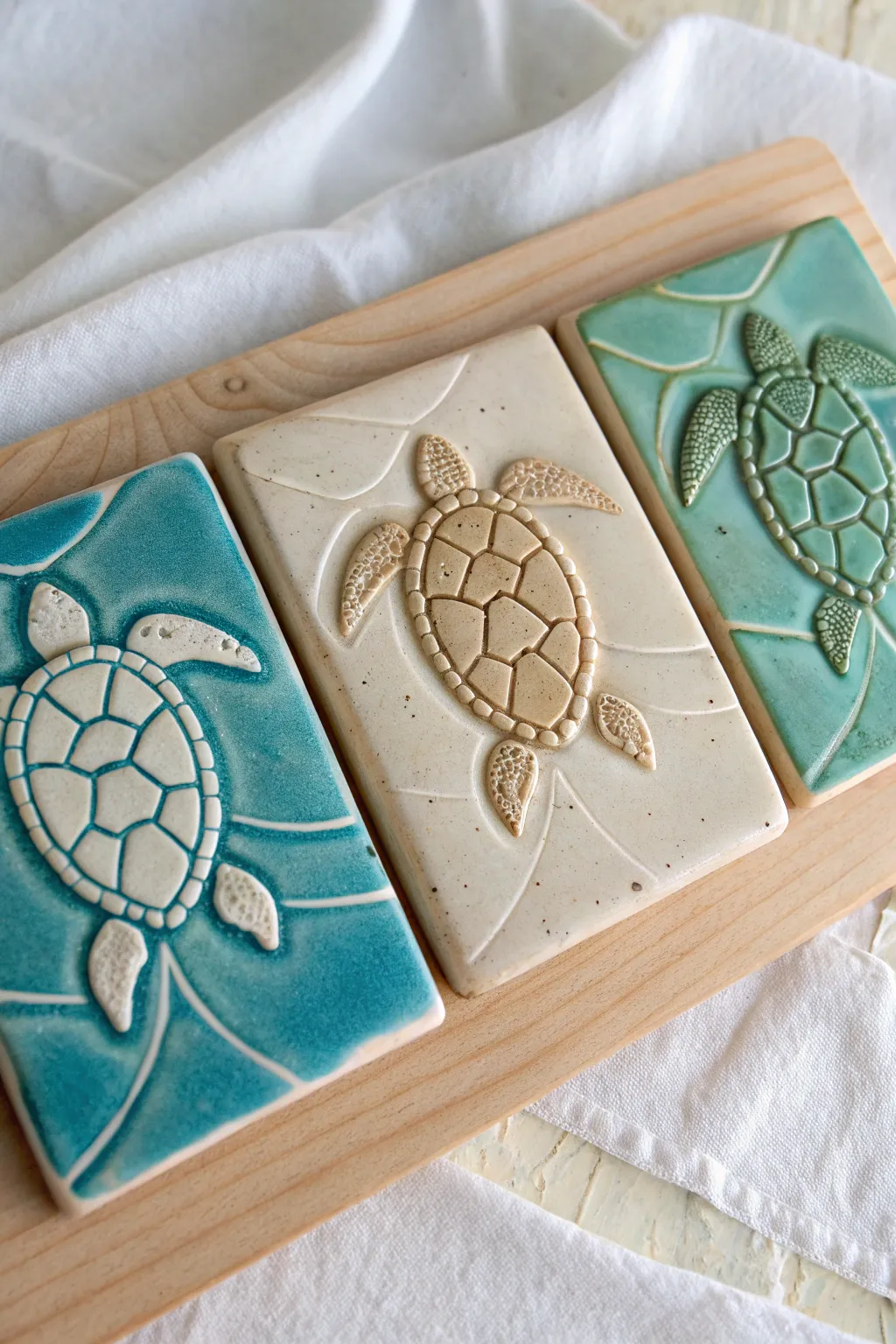 Carved sea turtle tiles in calm sea-glass hues, a minimalist beachy accent for your home.