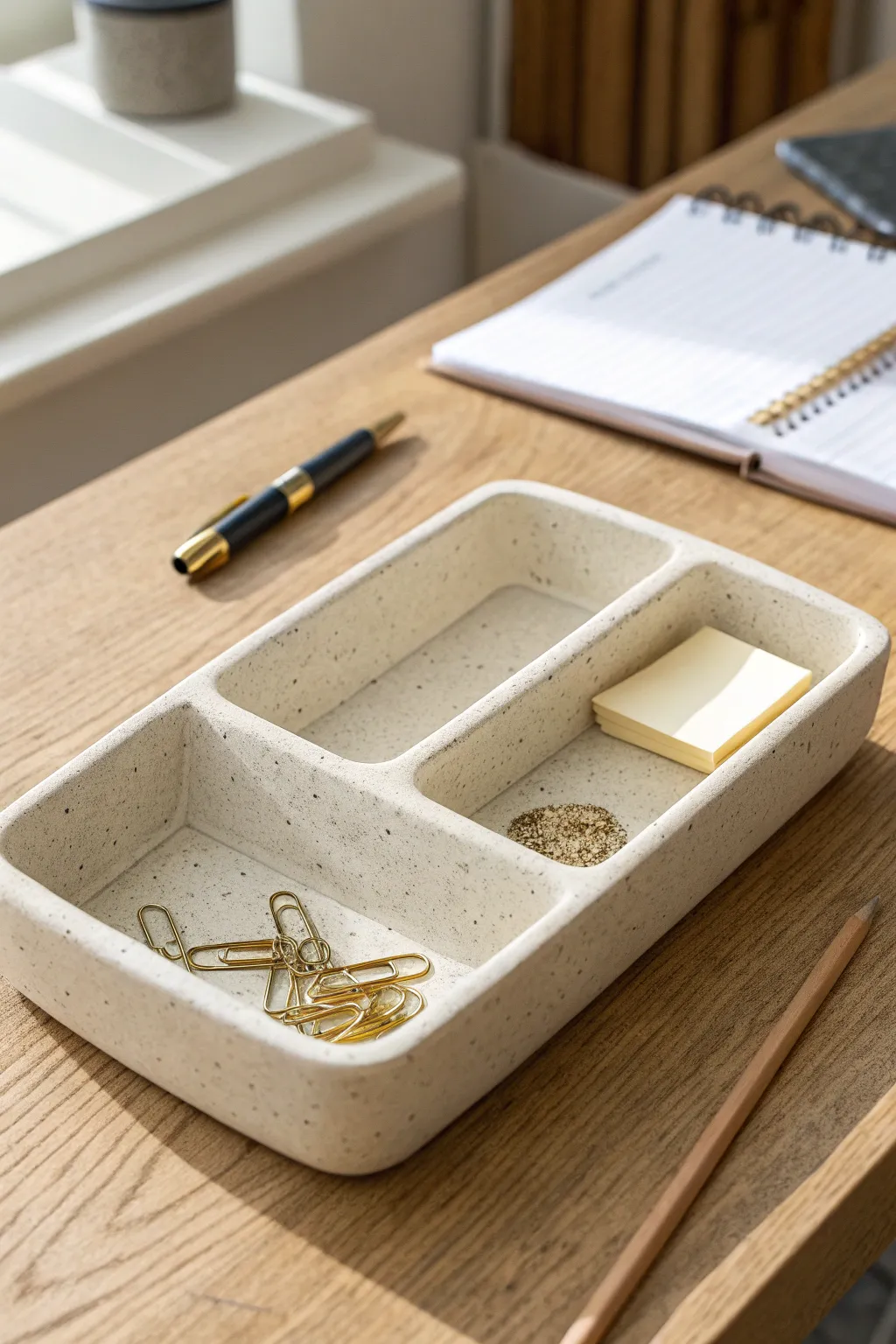 Minimal air dry clay desk tray with sections for clips, notes, and a pen in warm natural light