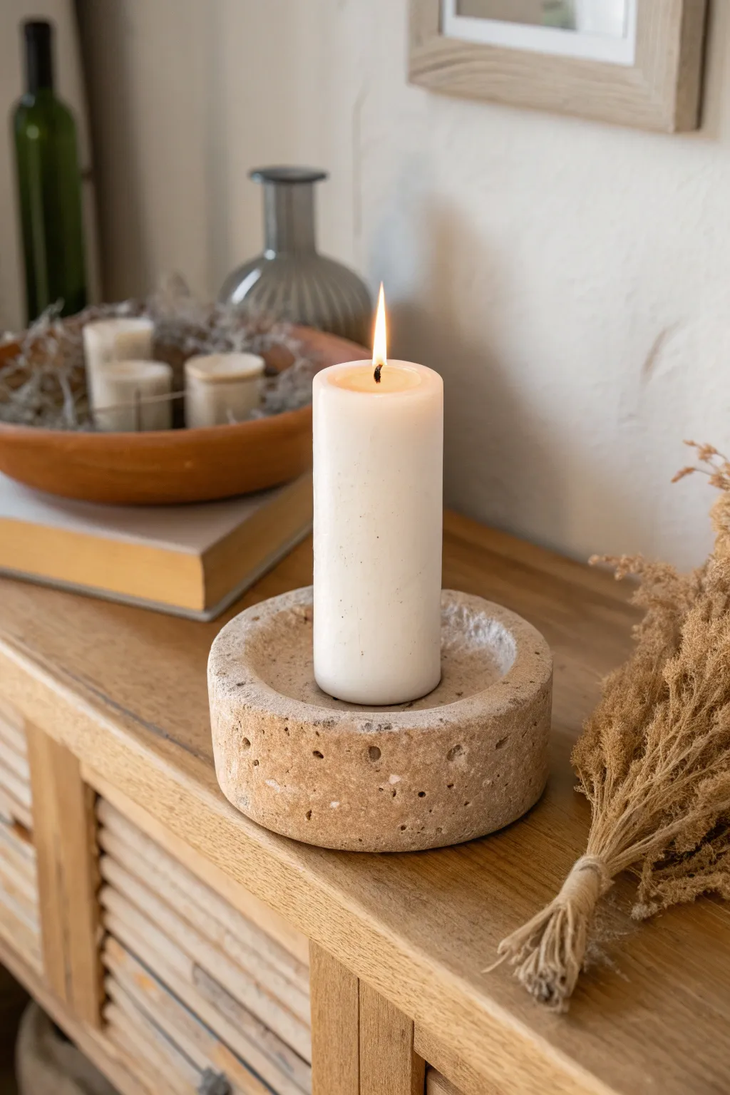 Chunky handmade clay candle holder with soft wax drips for a cozy, minimalist glow.