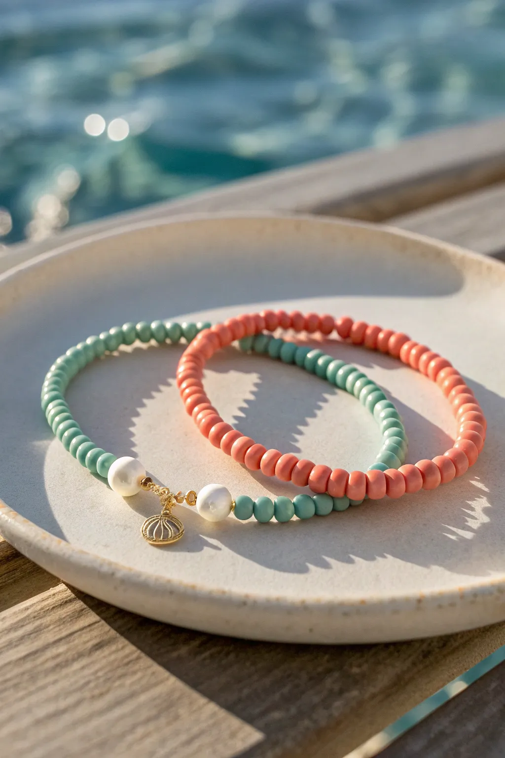 Seafoam and coral clay bead bracelets with pearl accents, sunlit on ocean-blue backdrop.