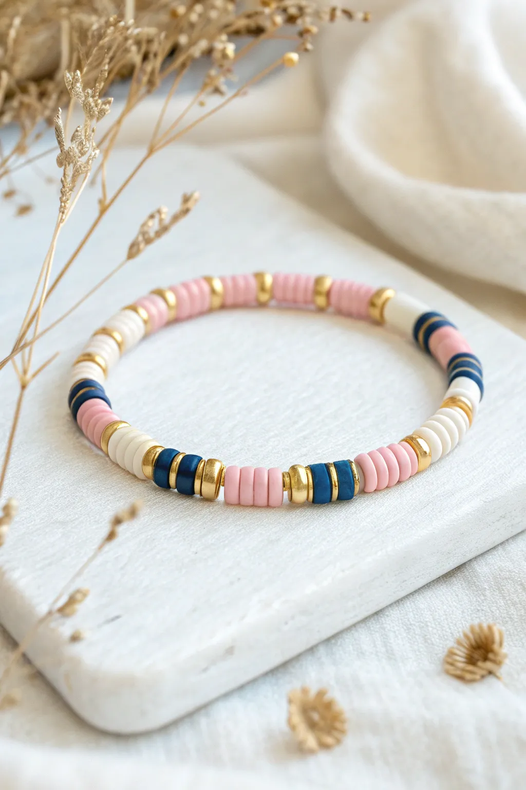 Gold spacer rhythm: 10–12 heishi beads, one shimmer spacer, repeated for a crisp preppy look
