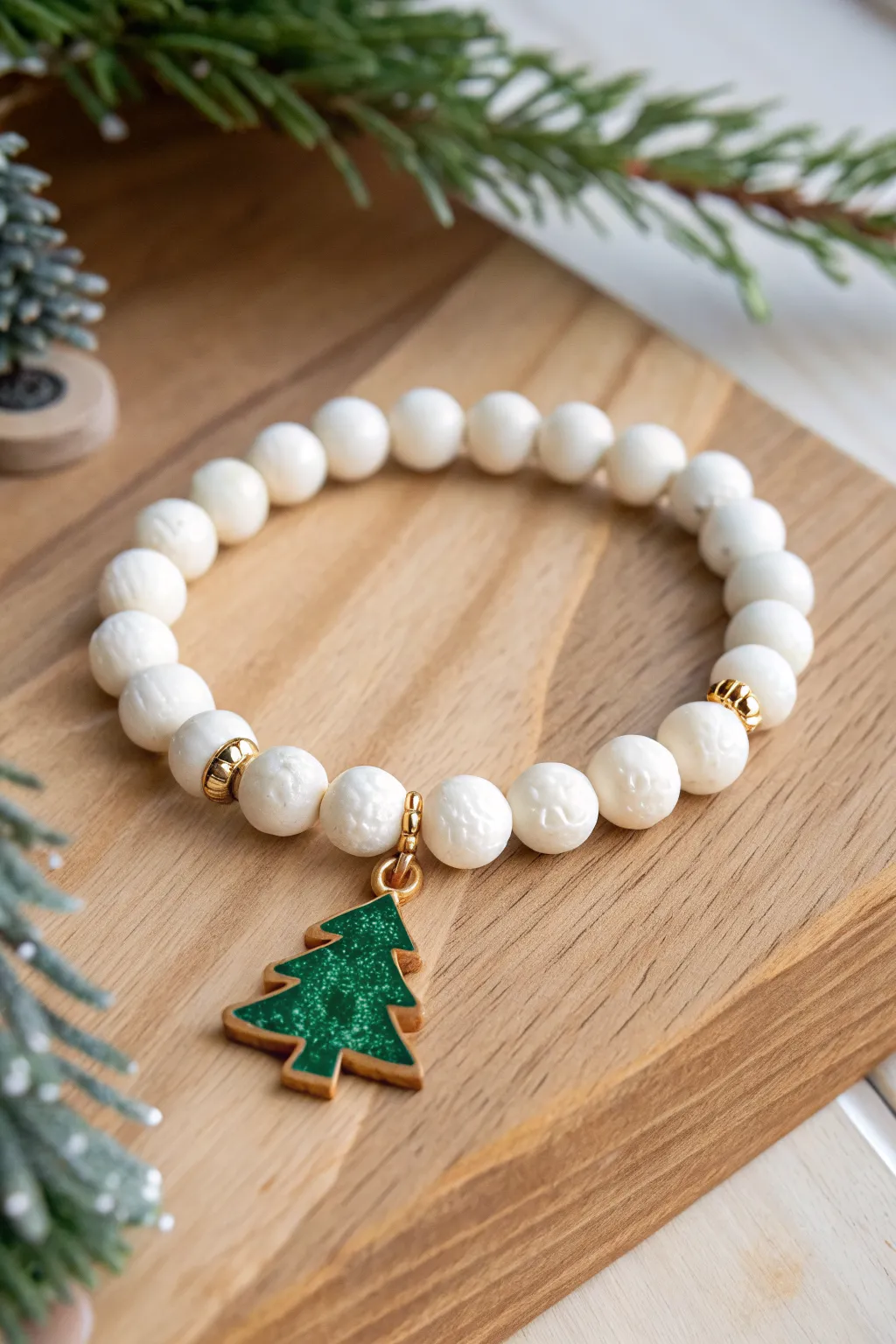 Clean white clay bead bracelet with a tiny green tree charm and gold spacers on pale wood