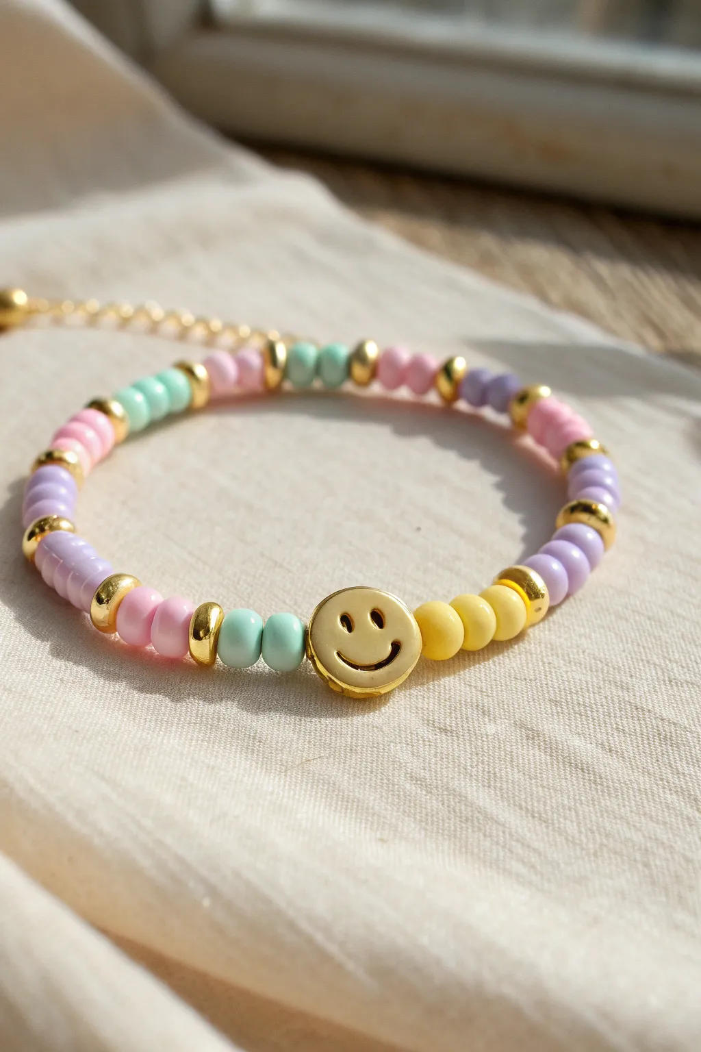 Preppy pastel heishi bracelet with a centered smiley bead and delicate gold spacers