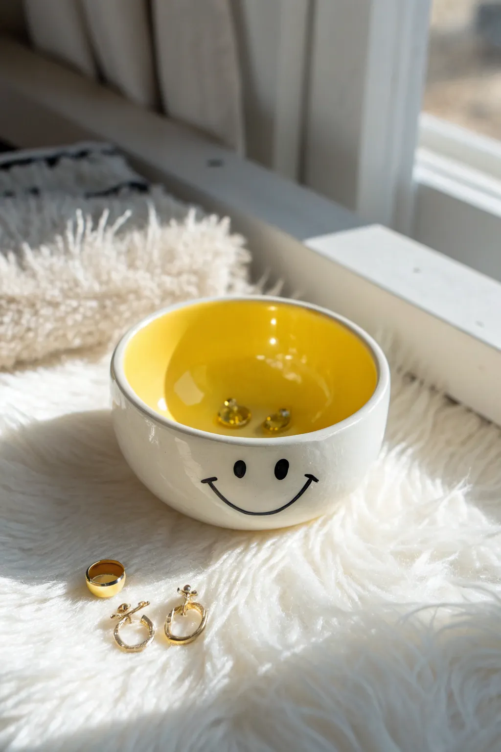 Preppy smiley trinket bowl in soft yellow, perfect for studs, minimal and oh so cheerful