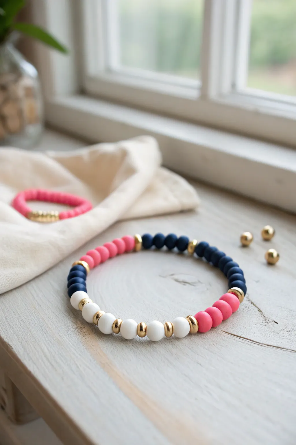 Preppy color-block clay bead bracelet with gold spacers, styled minimalist on linen.