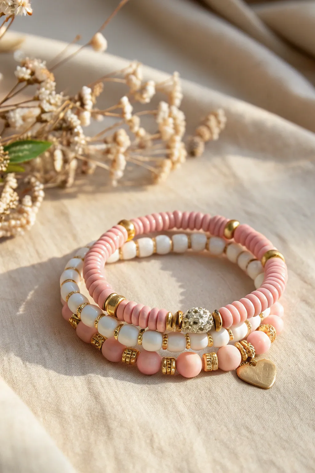 Mini heart accents meet pink and white clay discs for a preppy-cute bracelet stack