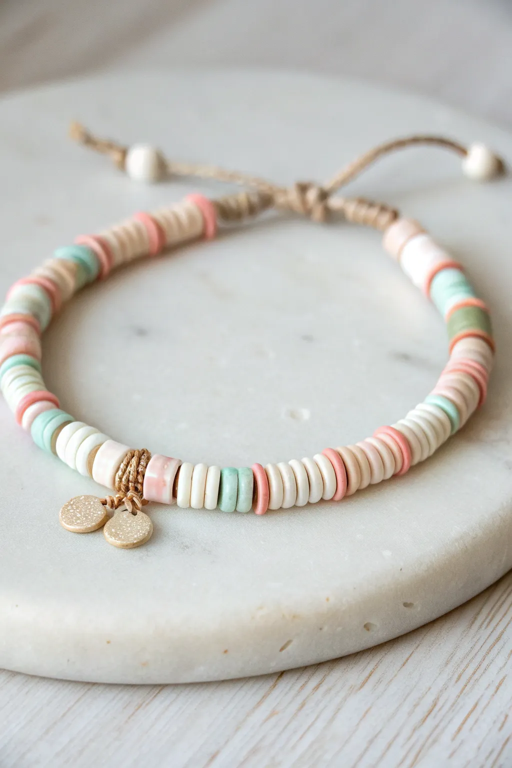 Tiny stripes, big charm energy: an easy pastel and white heishi bracelet for everyday wear.