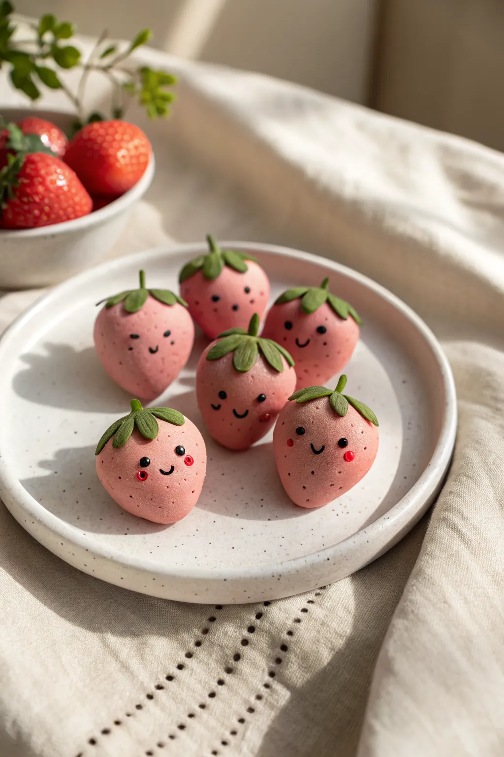 Puffy clay strawberries with tiny faces, sweet minimalist decor with cozy handmade charm.