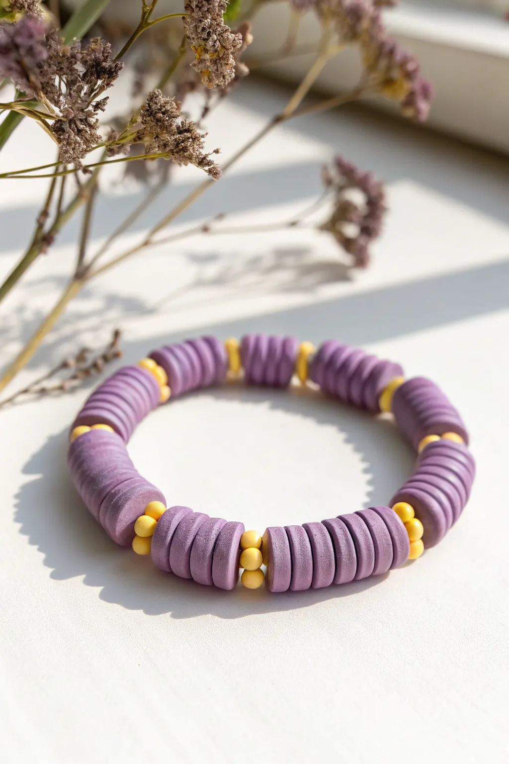Purple clay disc bracelet with buttery yellow pops for a bold, clean look with handmade charm.