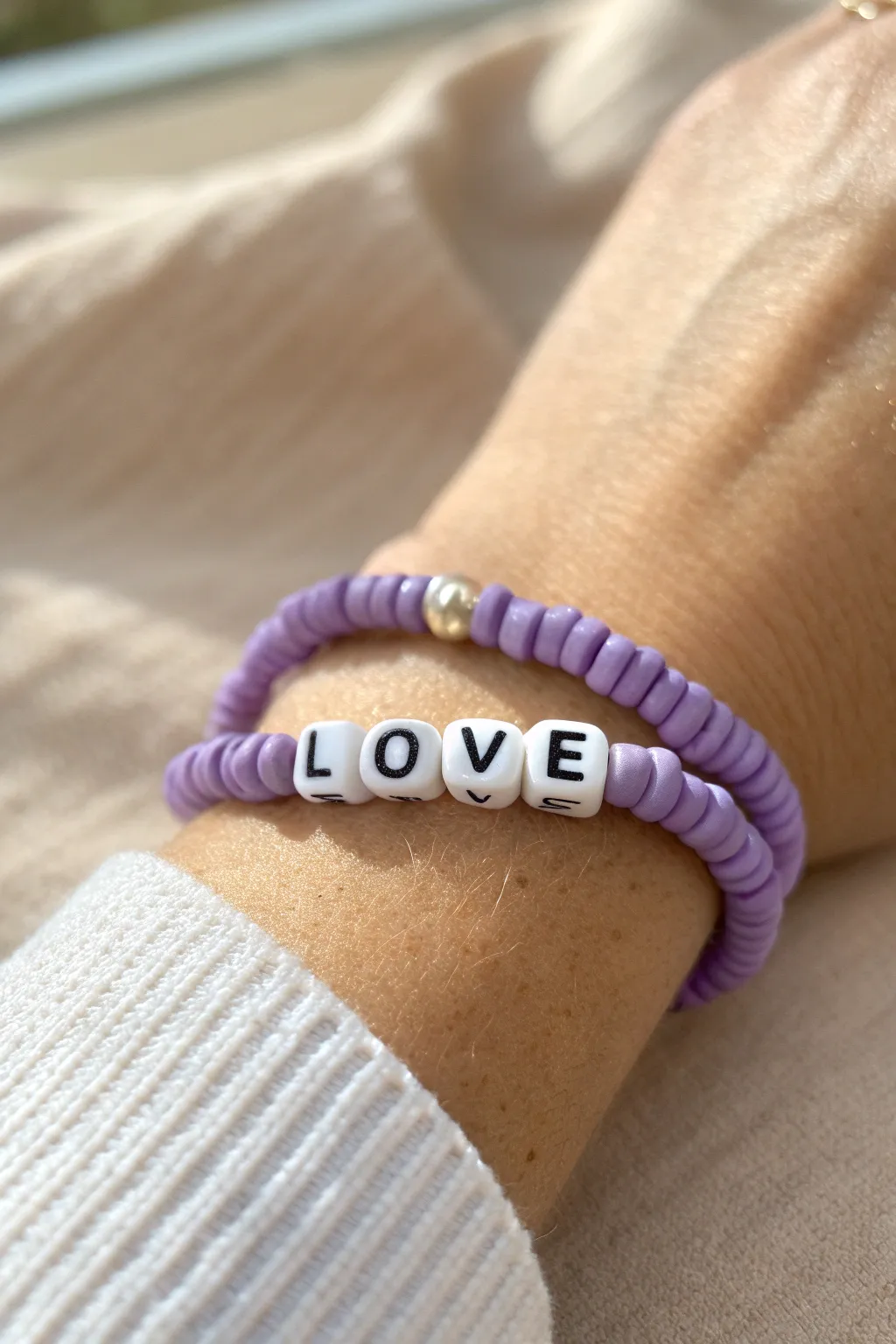 Minimal purple heishi bracelet with centered letter beads for a simple, personal message moment.