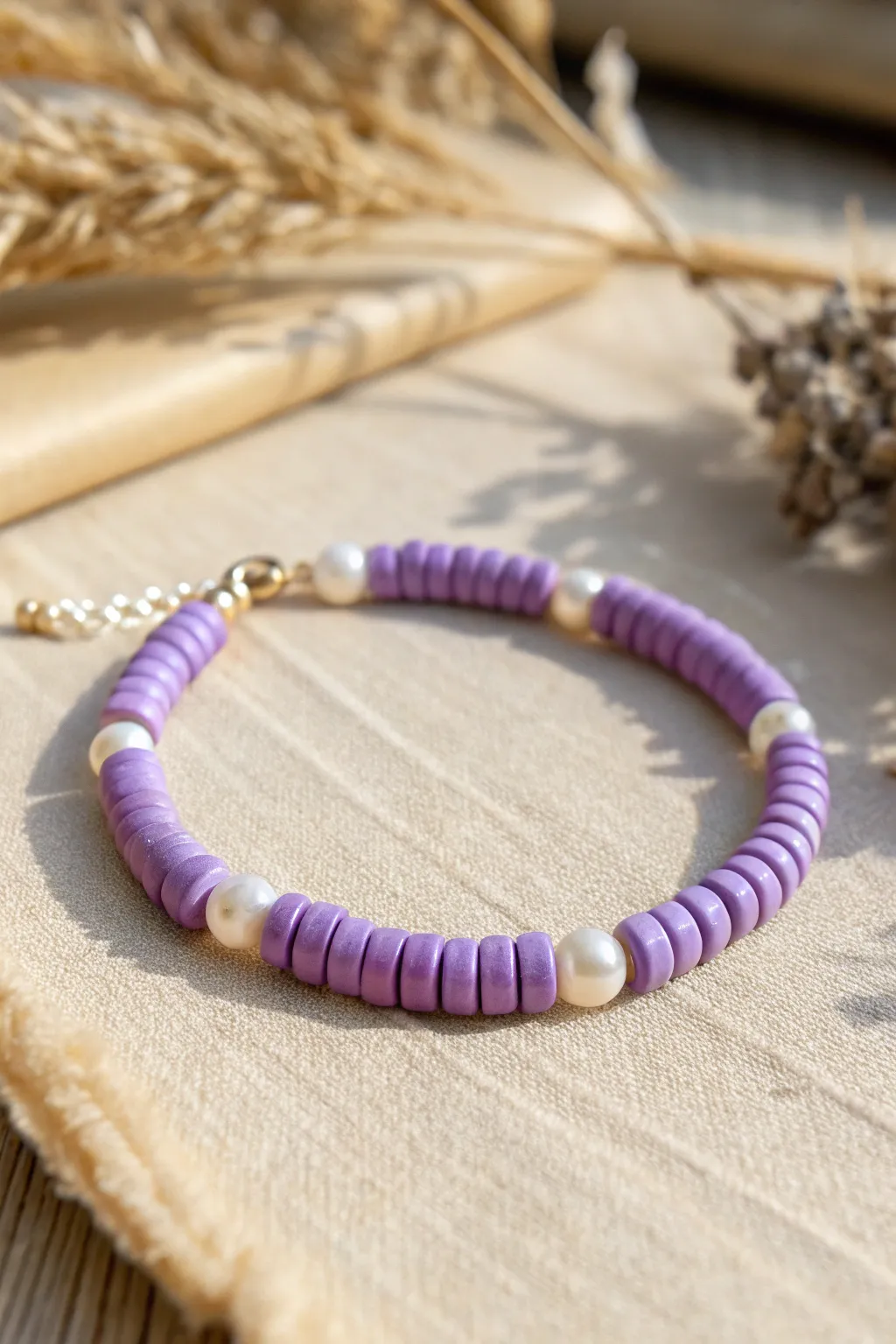 Sweet minimalist bracelet with purple heishi beads and faux pearls on soft neutral linen.