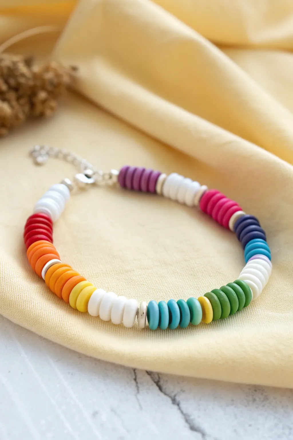 Rainbow clay bead bracelet with crisp white spacers for a clean, modern minimalist look.