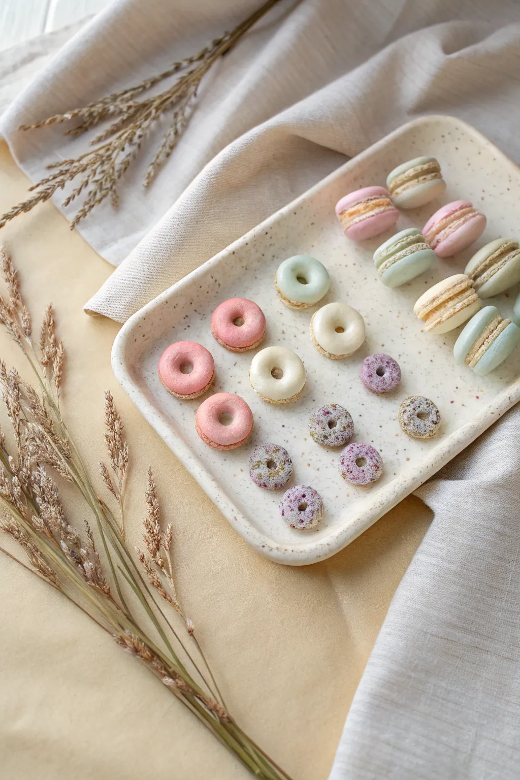 Pastel mini donut, cookie, and macaron clay studs arranged neatly on a ceramic tray.