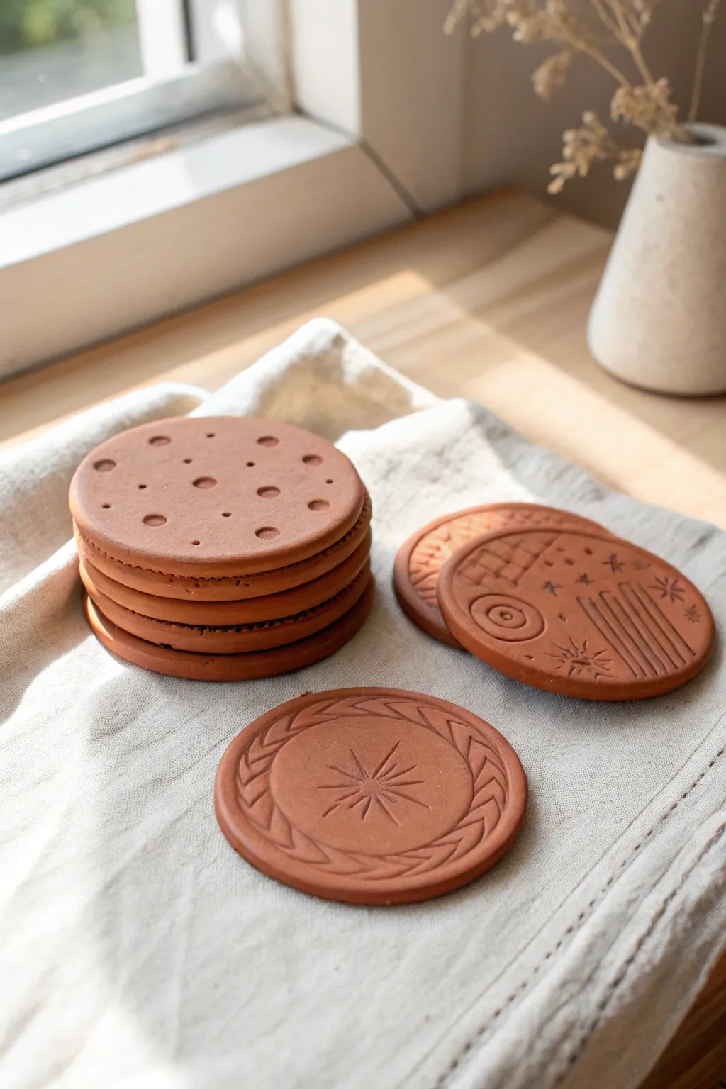 Stamped terracotta coaster set with simple textures, minimalist boho charm for cozy tables