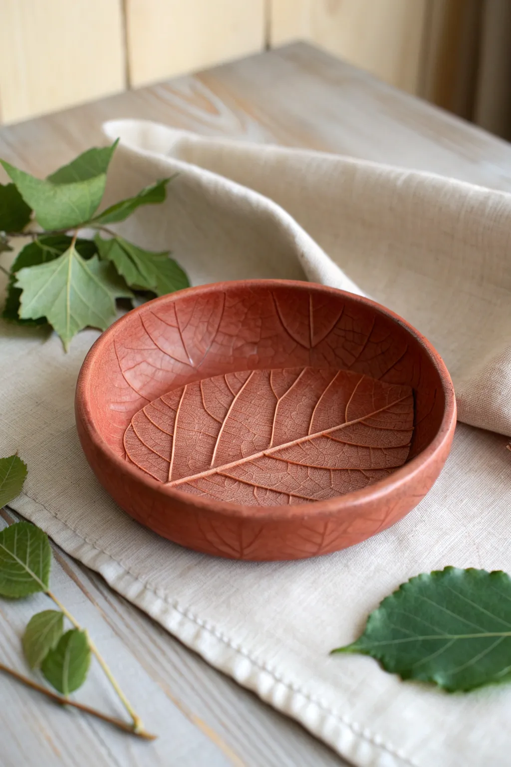 Leaf-impressed red clay trinket dish, minimalist styling with a real leaf for inspiration.