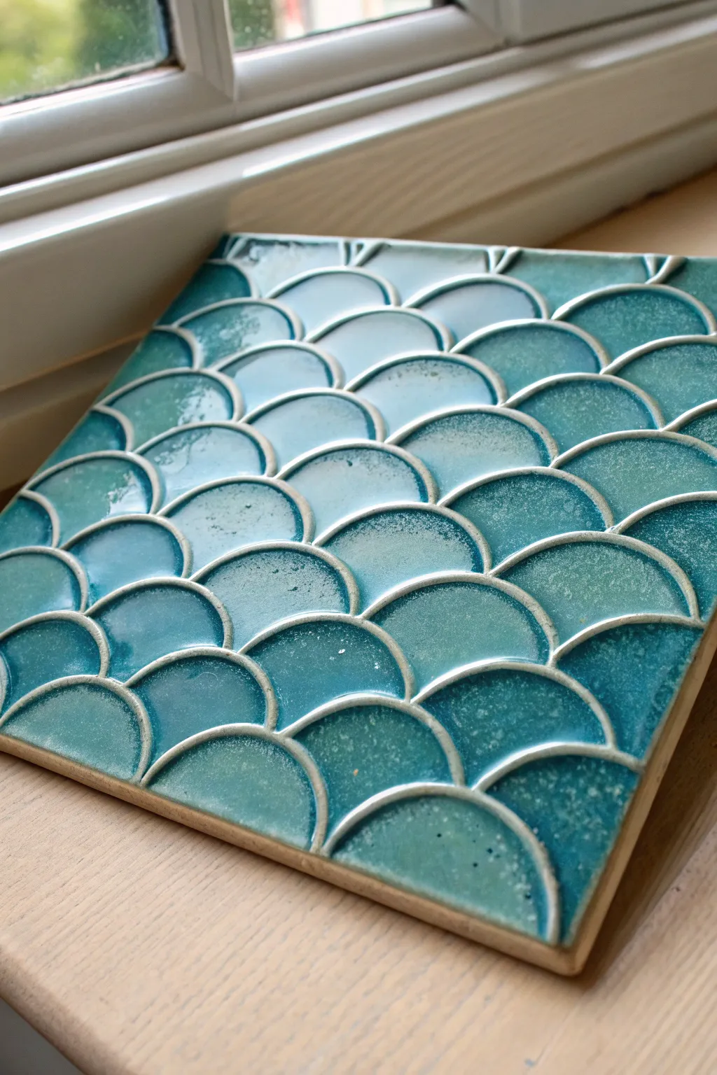 Glossy blue-green fish scale relief tile with calm Scandinavian minimal texture and contrast