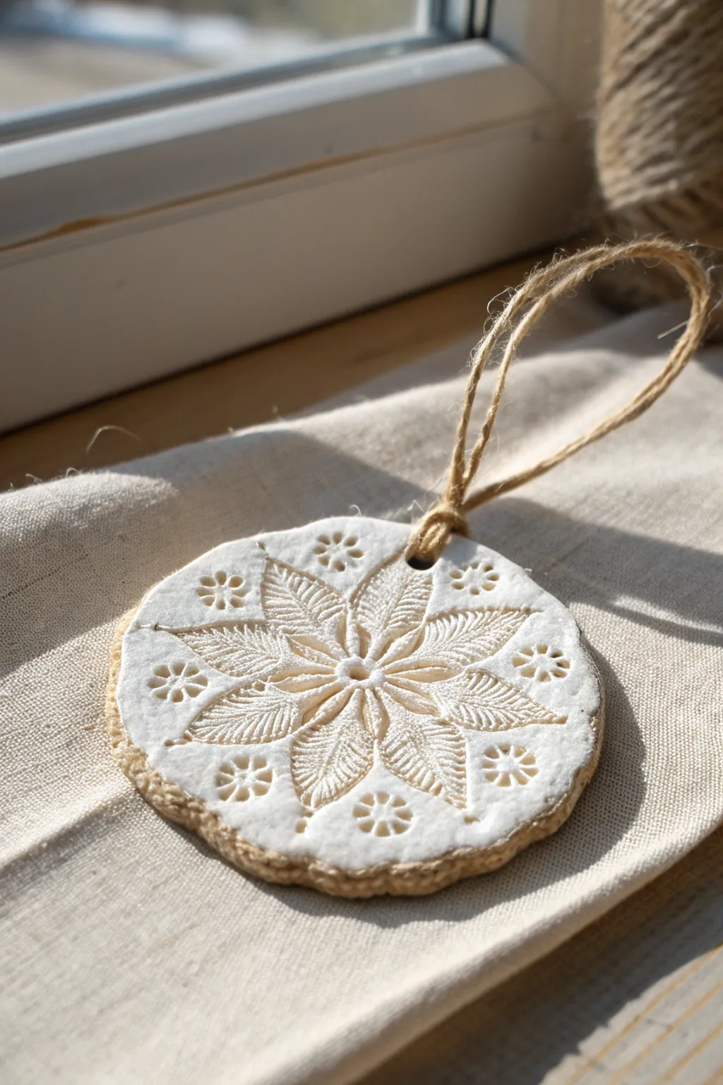 Whitewashed salt dough lace medallion on jute, softly antiqued for a romantic minimal look.