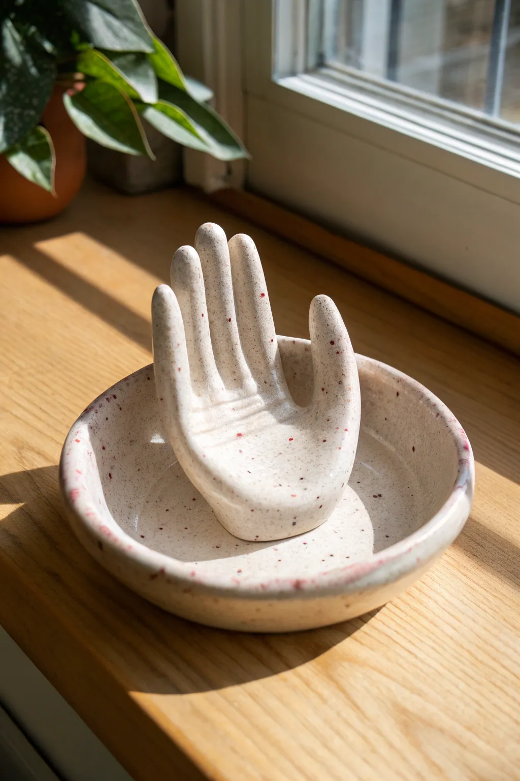 Spooky but chic: a minimalist severed-hand ring dish with soft bruised tones and matte glaze.