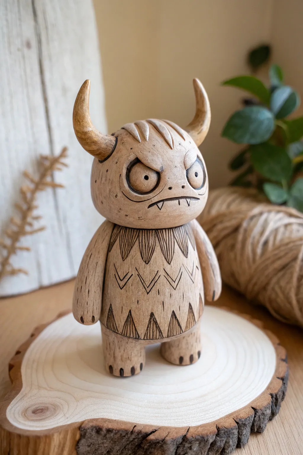 Horned woodland demon clay figure with bark texture, minimalist styling, spooky yet chic.