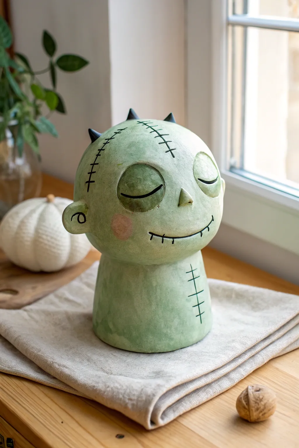 Cute-but-creepy stitched monster head in soft green clay, minimalist Halloween decor.