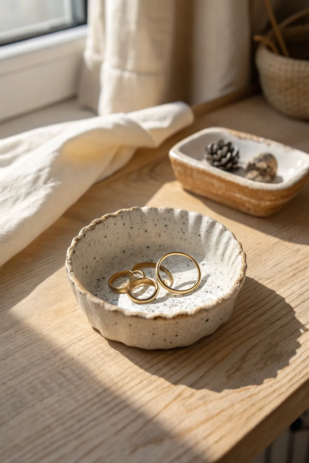 Make a speckled Sculpey trinket dish to keep rings and pins beautifully in one spot.